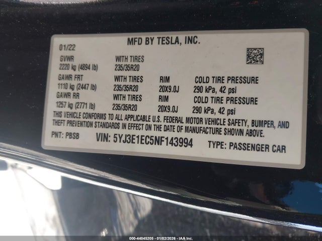 Продажа на аукционе авто 2022 Tesla Model 3 Performance Dual Motor All-wheel Drive, vin: 5YJ3E1EC5NF143994, номер лота: 44045205