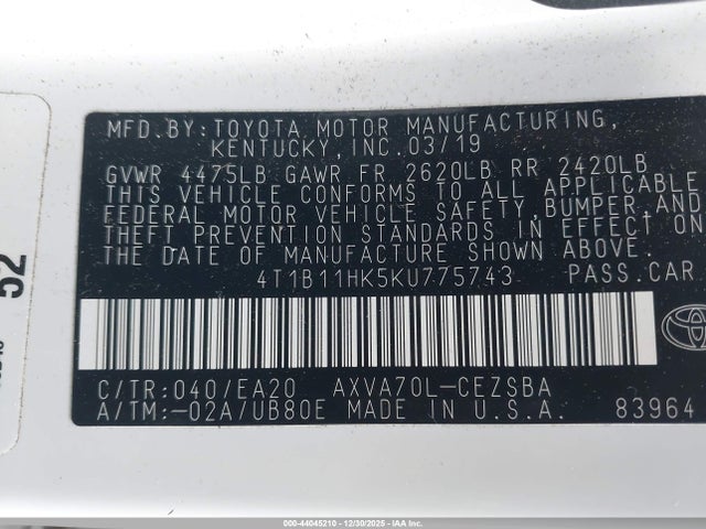 4T1B11HK5KU775743 Toyota CAMRY SE