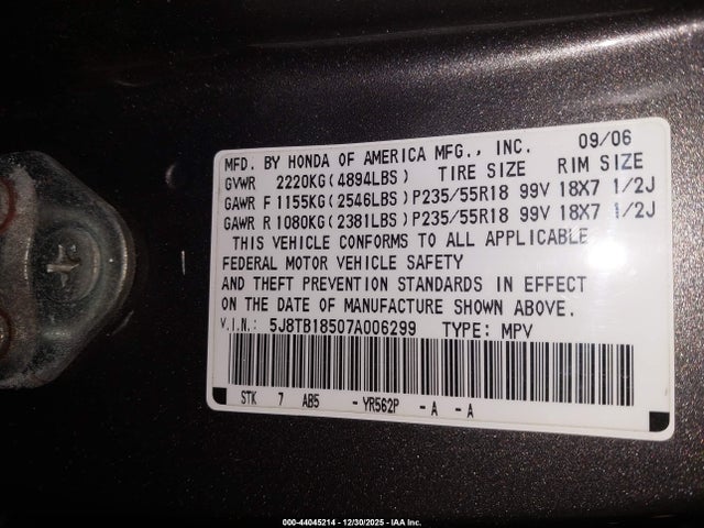 Auction sale of the 2007 Acura Rdx, vin: 5J8TB18507A006299, lot number: 44045214