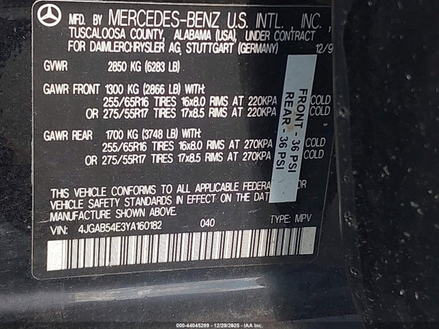 2000 Mercedes-benz Ml 320 მანქანა იყიდება აუქციონზე, vin: 4JGAB54E3YA160182, აუქციონის ნომერი: 44045289