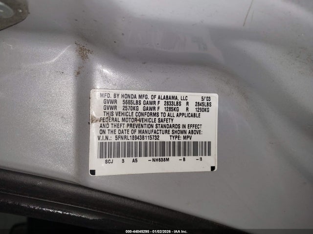 Aukcja sprzedaży 2003 Honda Odyssey Ex-l, vin: 5FNRL18943B115732, numer aukcji: 44045295