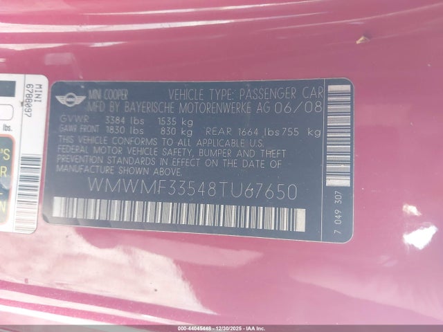 2008 MINI COOPER WMWMF33548TU67650 Photo 8