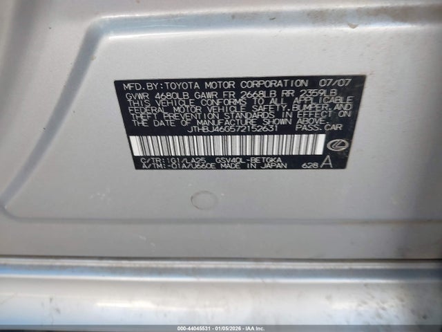 Aukcja sprzedaży 2007 Lexus Es 350, vin: JTHBJ46G572152631, numer aukcji: 44045531