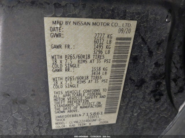 Nissan Frontier Sv 4x4 2020 1N6ED0EB8LN715861 Image 9