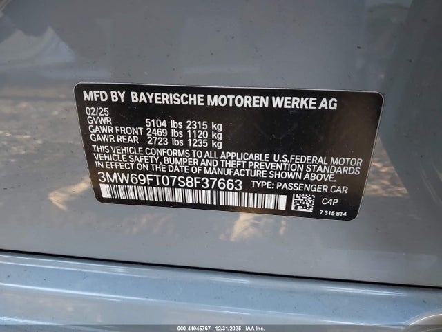44045767 :رقم المزاد ، 3MW69FT07S8F37663 vin ، 2025 Bmw M340i Xdrive مزاد بيع