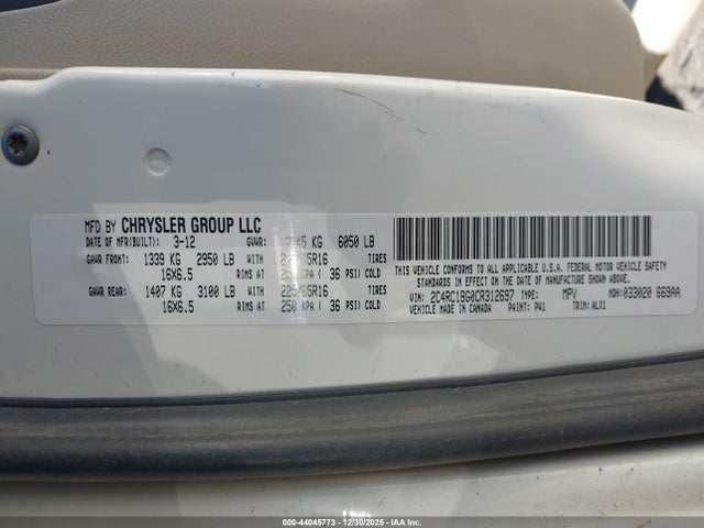 2012 Chrysler Town & Country Touring მანქანა იყიდება აუქციონზე, vin: 2C4RC1BG0CR312697, აუქციონის ნომერი: 44045773