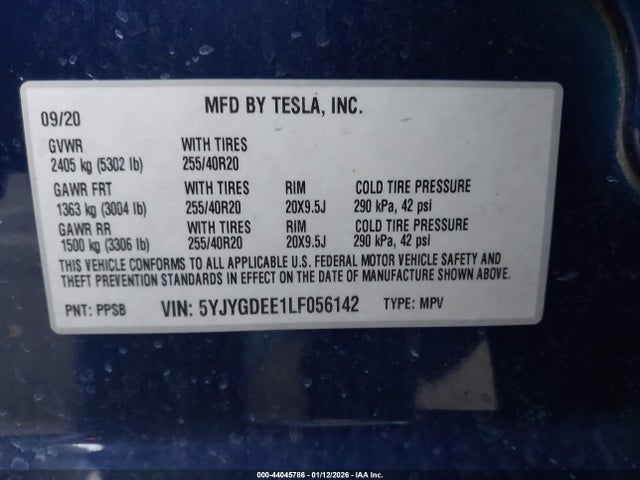 Продажа на аукционе авто 2020 Tesla Model Y Long Range Dual Motor All-wheel Drive, vin: 5YJYGDEE1LF056142, номер лота: 44045786