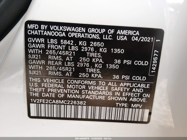 1V2FE2CA8MC226382 Volkswagen Atlas Cross Sport 3.6l V6 Sel Premium R-line