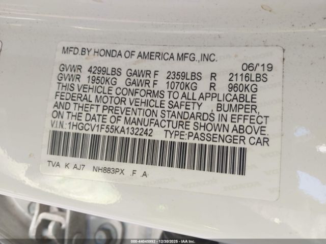 2019 HONDA ACCORD 1HGCV1F55KA132242 Photo 8