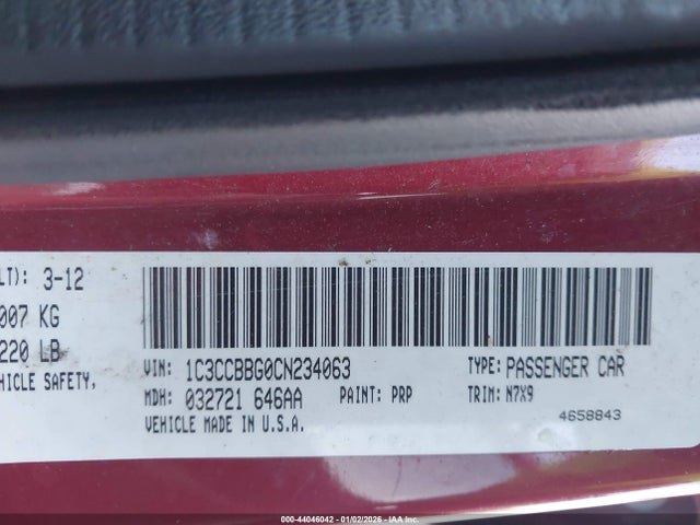 2012 Chrysler 200 Touring მანქანა იყიდება აუქციონზე, vin: 1C3CCBBG0CN234063, აუქციონის ნომერი: 44046042