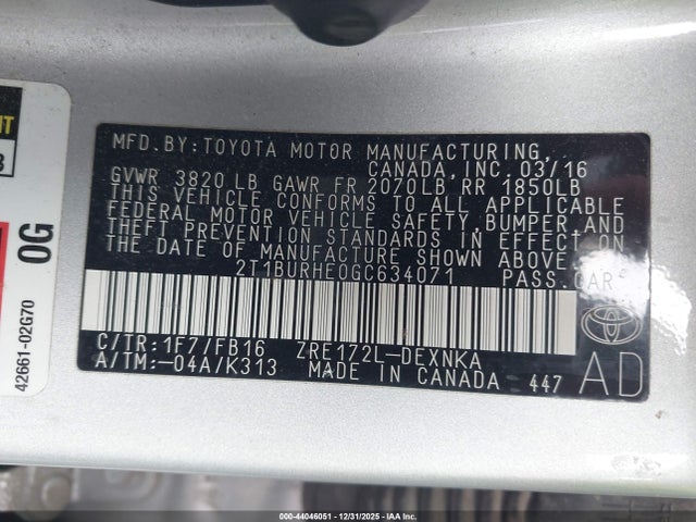 2T1BURHE0GC634071 Toyota COROLLA LE
