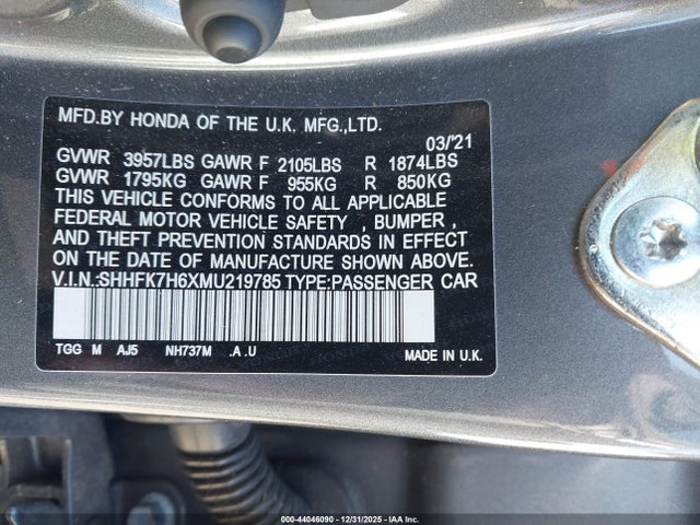 2021 HONDA CIVIC SHHFK7H6XMU219785 Photo 8