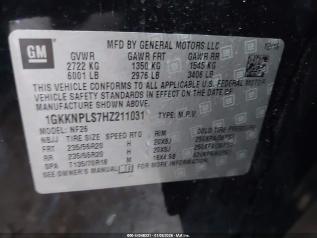 44046331 :رقم المزاد ، 1GKKNPLS7HZ211031 vin ، 2017 Gmc Acadia Denali مزاد بيع
