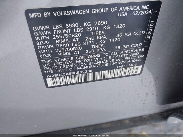 44046430 :رقم المزاد ، 1v2br2ca5rc562288 vin ، 2024 Volkswagen Atlas Sel مزاد بيع