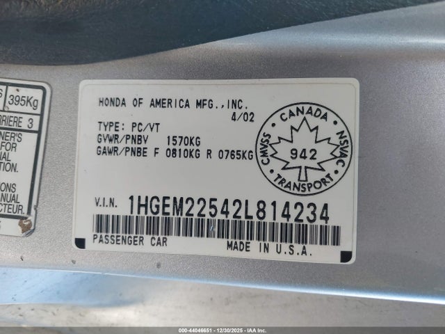 Продаж на аукціоні авто 2002 Honda Civic Lx, vin: 1HGEM22542L814234, номер лоту: 44046651