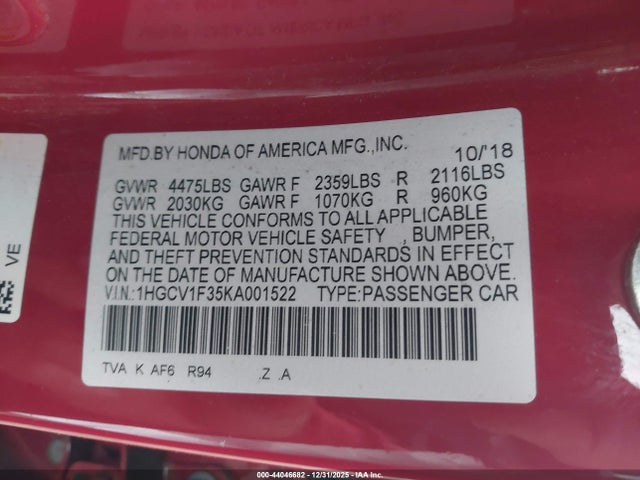 1HGCV1F35KA001522 Honda Accord Sport