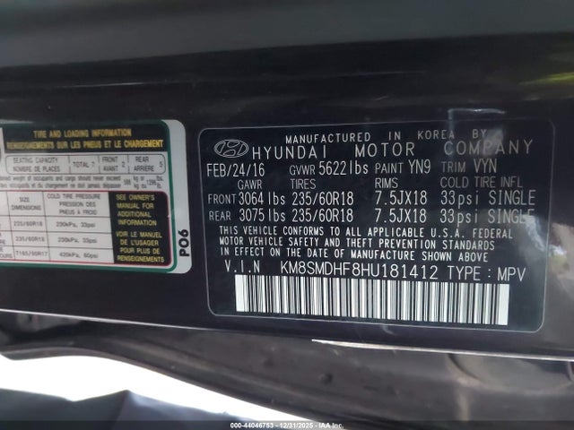 KM8SMDHF8HU181412 Hyundai Santa Fe Se