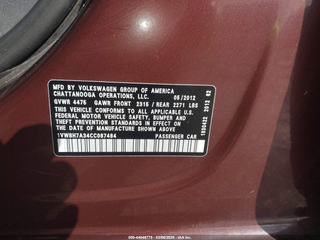44046775 :رقم المزاد ، 1VWBH7A34CC087484 vin ، 2012 Volkswagen Passat 2.5l Se مزاد بيع