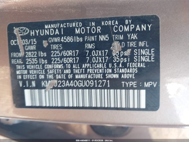 2016 Hyundai Tucson Se მანქანა იყიდება აუქციონზე, vin: KM8J23A40GU091271, აუქციონის ნომერი: 44046811