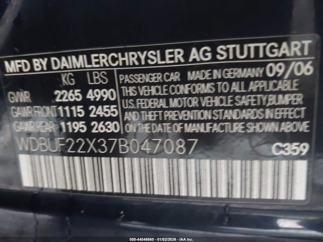 44046860 :رقم المزاد ، WDBUF22X37B047087 vin ، 2007 Mercedes-benz E 320 Bluetec مزاد بيع