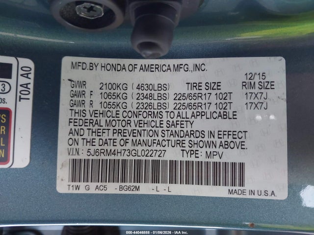 Honda Cr-v Ex-l 2016 5J6RM4H73GL022727 Image 9