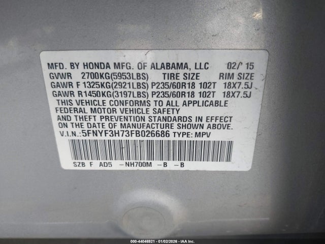 Honda Pilot Ex-l 2015 5FNYF3H73FB026686 Image 9