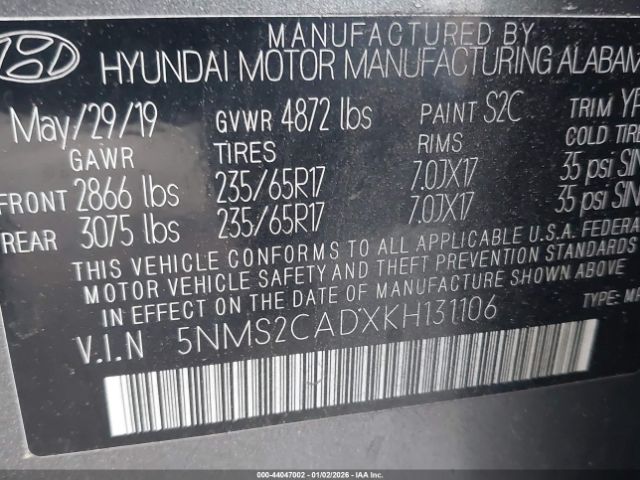 2019 HYUNDAI SANTA FE 5NMS2CADXKH131106 Photo 8