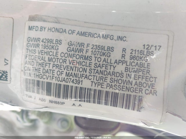 1HGCV1F10JA074391 Honda ACCORD LX