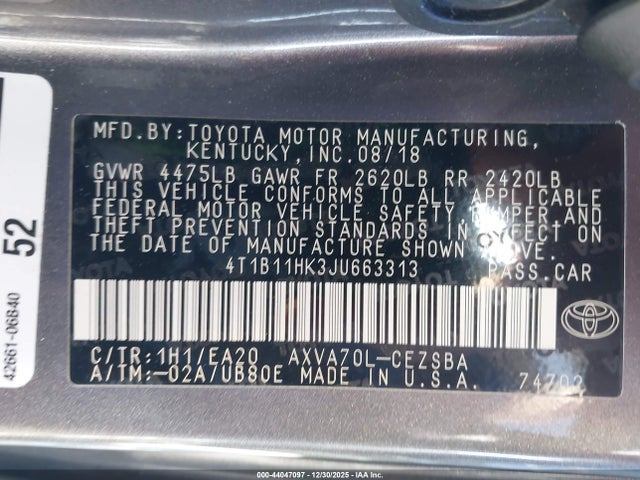 4T1B11HK3JU663313 Toyota CAMRY SE