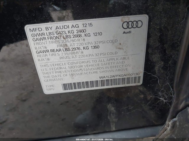 44047147 :رقم المزاد ، WA1L2AFPXGA090130 vin ، 2016 Audi Q5 2.0t Premium مزاد بيع