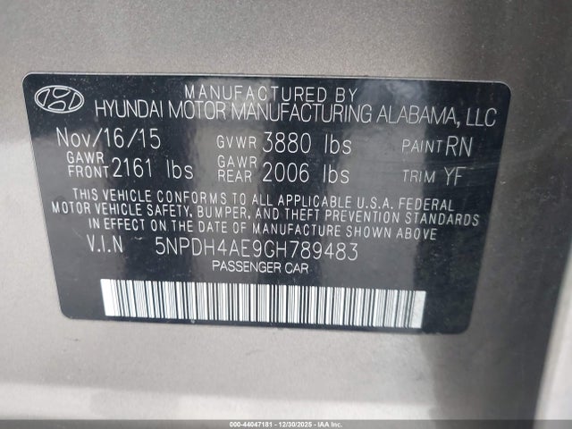 5NPDH4AE9GH789483 Hyundai ELANTRA SE