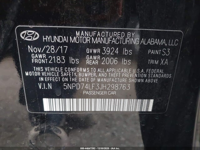 5NPD74LF3JH298763 Hyundai ELANTRA SE