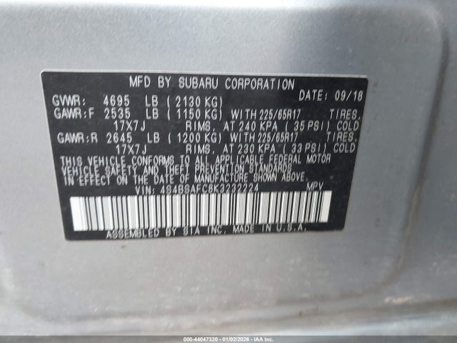2019 Subaru Outback 2.5i Premium მანქანა იყიდება აუქციონზე, vin: 4S4BSAFC8K3232224, აუქციონის ნომერი: 44047320
