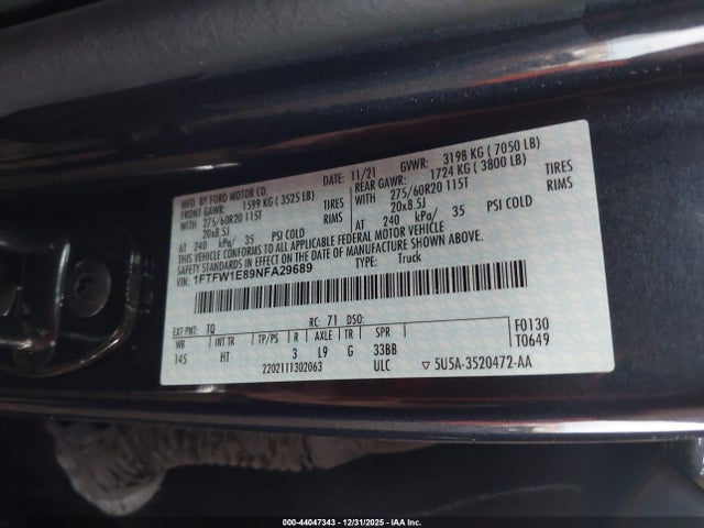 Ford F-150 Lariat 2022 1FTFW1E89NFA29689 Image 9