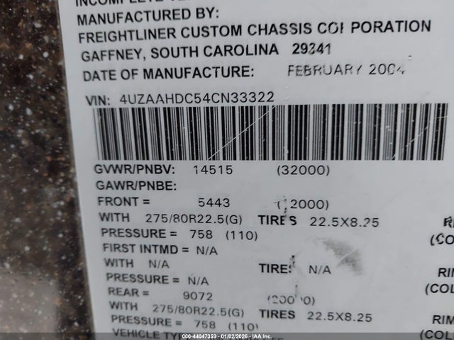 Продаж на аукціоні авто 2004 Freightliner Chassis X Line Motor Home, vin: 4UZAAHDC54CN33322, номер лоту: 44047359