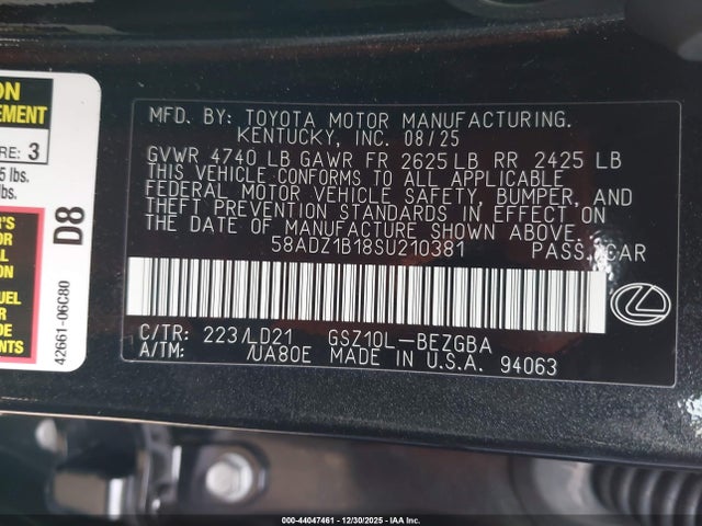 44047461 :رقم المزاد ، 58ADZ1B18SU210381 vin ، 2025 Lexus Es 350 مزاد بيع