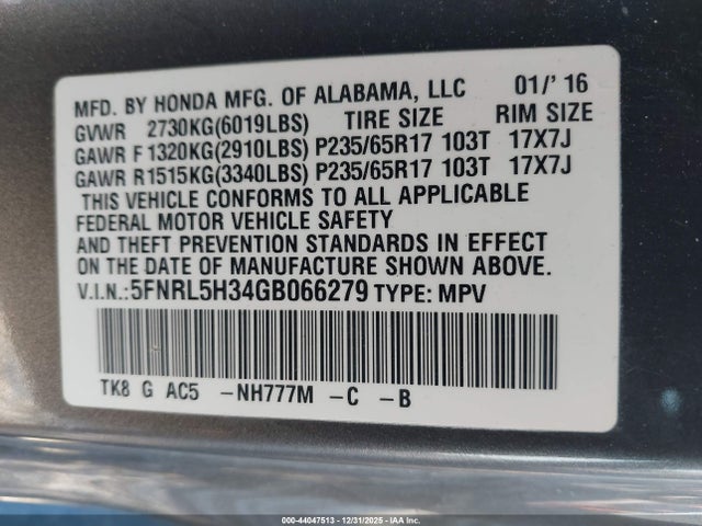 5FNRL5H34GB066279 Honda ODYSSEY SE