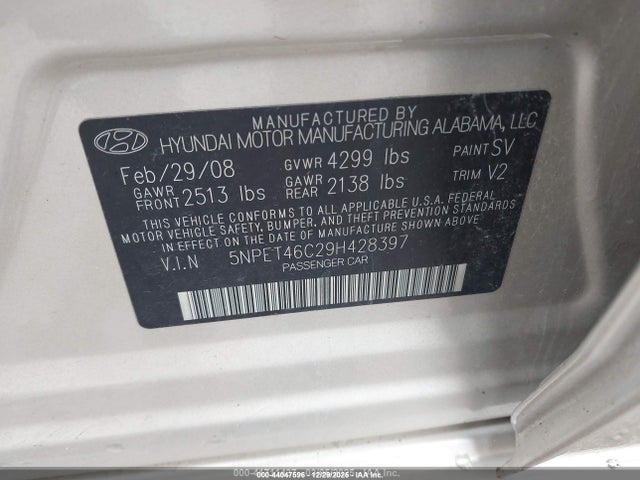 44047596 :رقم المزاد ، 5NPET46C29H428397 vin ، 2009 Hyundai Sonata Gls مزاد بيع