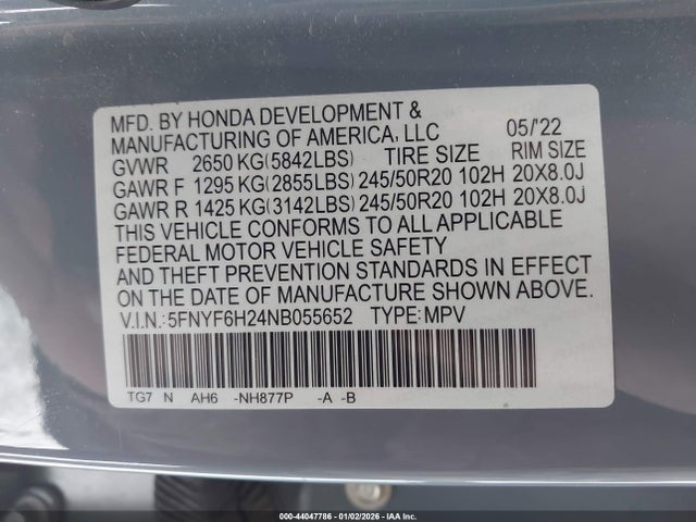 2022 HONDA PILOT 5FNYF6H24NB055652 Photo 8