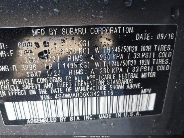 44047851 :رقم المزاد ، 4S4WMARD6K3421616 vin ، 2019 Subaru Ascent Touring مزاد بيع