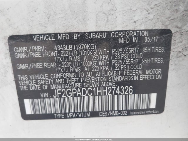 Aukcja sprzedaży 2017 Subaru Crosstrek 2.0i Premium, vin: JF2GPADC1HH274326, numer aukcji: 44047860