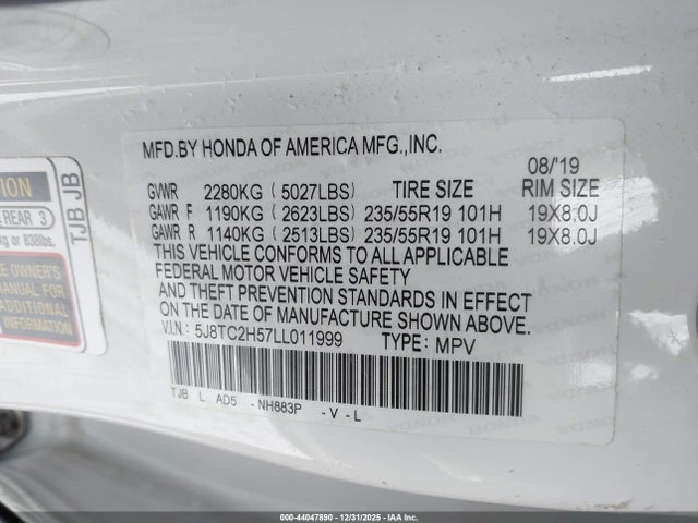 2020 Acura Rdx Technology Package მანქანა იყიდება აუქციონზე, vin: 5J8TC2H57LL011999, აუქციონის ნომერი: 44047890