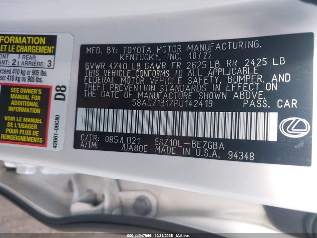 Aukcja sprzedaży 2023 Lexus Es 350, vin: 58ADZ1B17PU142419, numer aukcji: 44047966