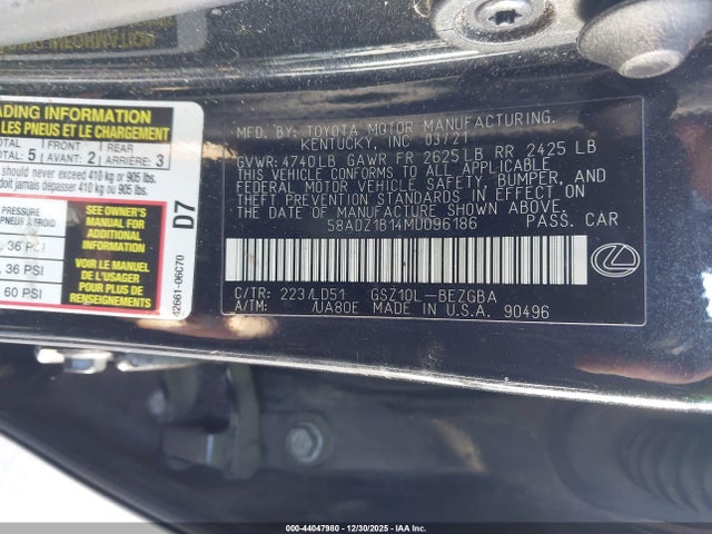 44047980 :رقم المزاد ، 58ADZ1B14MU096186 vin ، 2021 Lexus Es 350 مزاد بيع