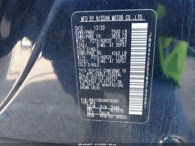2021 Nissan Armada Sl 4wd მანქანა იყიდება აუქციონზე, vin: JN8AY2BB3M9790861, აუქციონის ნომერი: 44048077