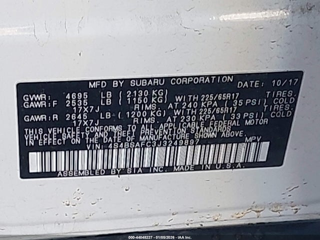 Продаж на аукціоні авто 2018 Subaru Outback 2.5i Premium, vin: 4S4BSAFC3J3249897, номер лоту: 44048227
