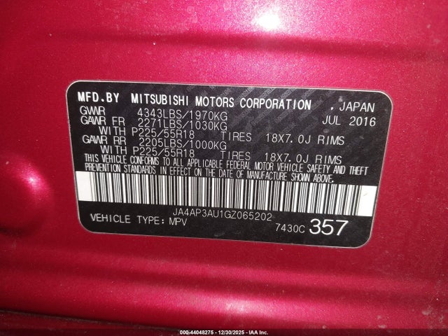 44048275 :رقم المزاد ، JA4AP3AU1GZ065202 vin ، 2016 Mitsubishi Outlander Sport 2.0 Es مزاد بيع