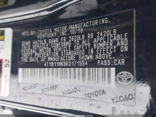 2019 TOYOTA CAMRY 4T1B11HK6KU171554 Photo 8