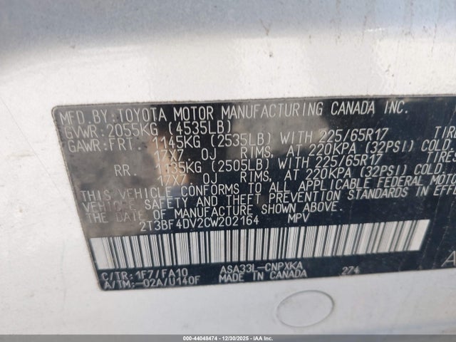 Продаж на аукціоні авто 2012 Toyota Rav4, vin: 2T3BF4DV2CW202164, номер лоту: 44048474