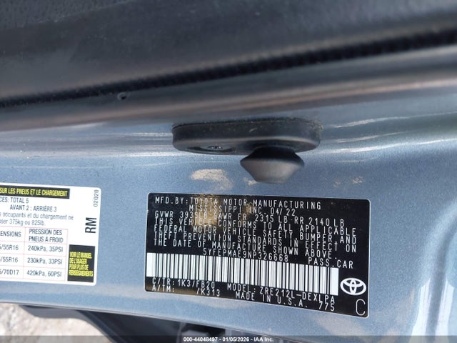 Aukcja sprzedaży 2022 Toyota Corolla Le, vin: 5YFEPMAE9NP326668, numer aukcji: 44048497
